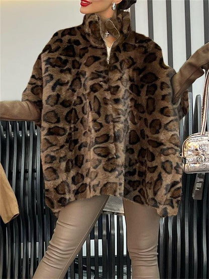 Women's Fleece Poncho Leopard Look Warm