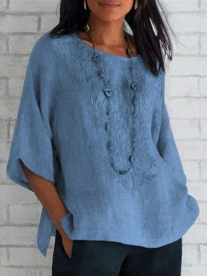 Women's Linen Blouse Embroidered Elegant Summer
