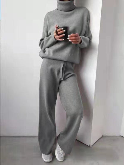 Women's Knitted Lounge Set Wide Leg Trousers Elegant Round Neck