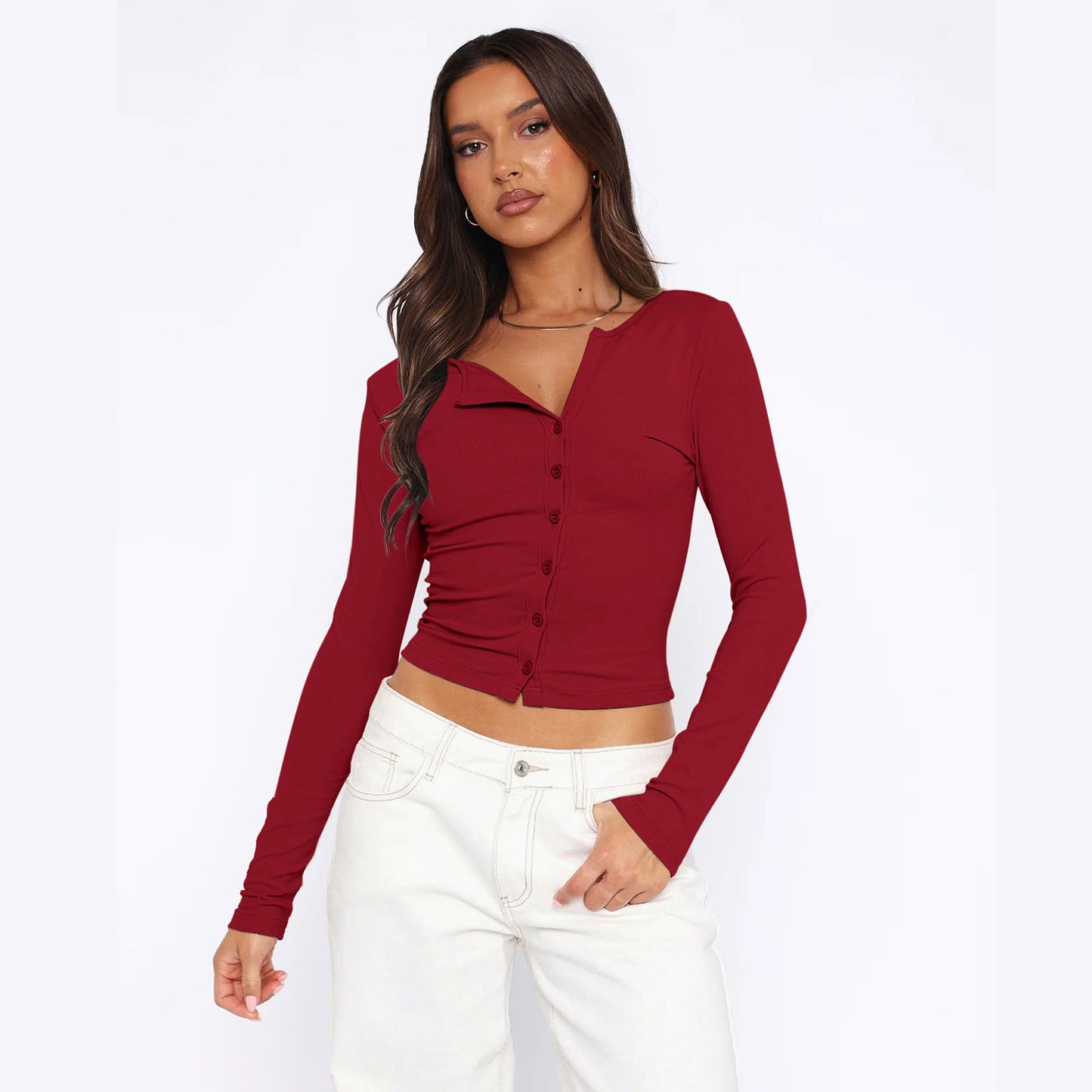 Women's Long-Sleeve Shirt Figure-Hugging Elegant Buttons