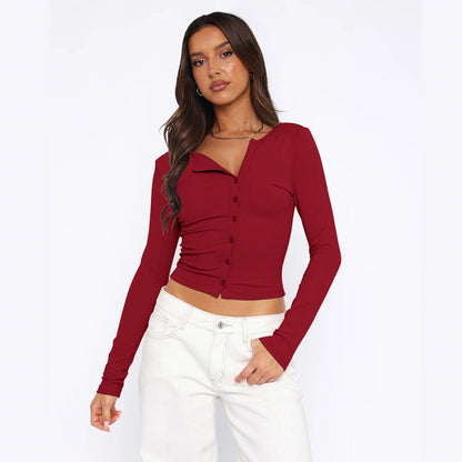 Women's Long-Sleeve Shirt Figure-Hugging Elegant Buttons