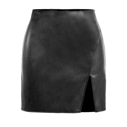 Short women's faux leather skirts with side slit