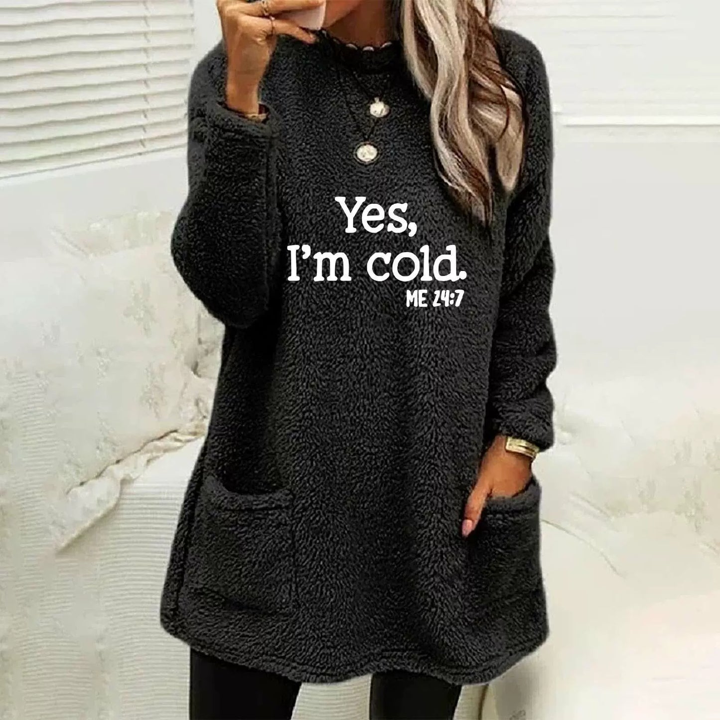 Oversized Double-Sided Fleece Sweatshirt Long Sleeve with Pockets