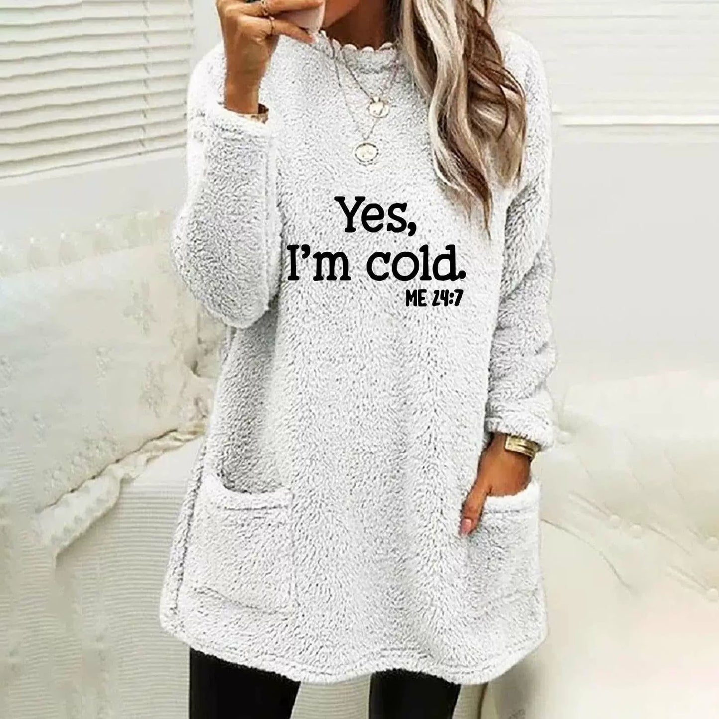 Oversized Double-Sided Fleece Sweatshirt Long Sleeve with Pockets