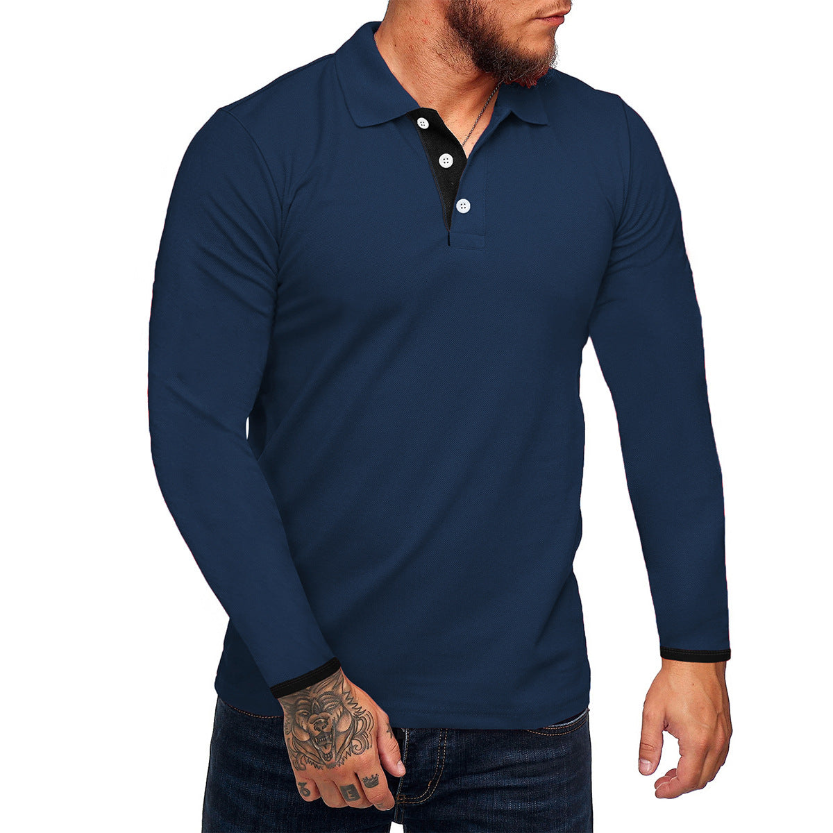 Men's Long-Sleeve Polo Shirt Modern Contrast Buttons
