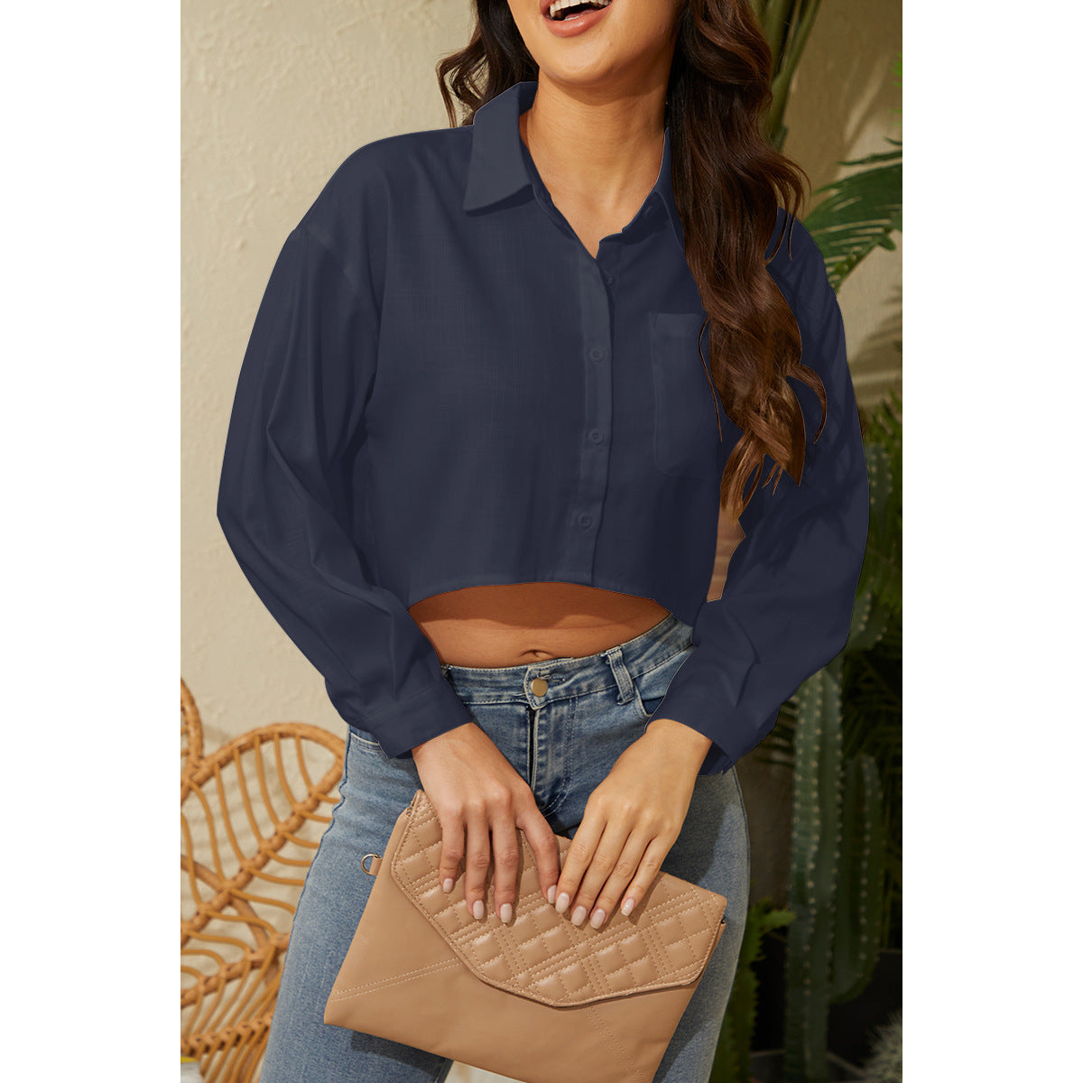 Damen Bluse Elegant Kurz Geschnitten