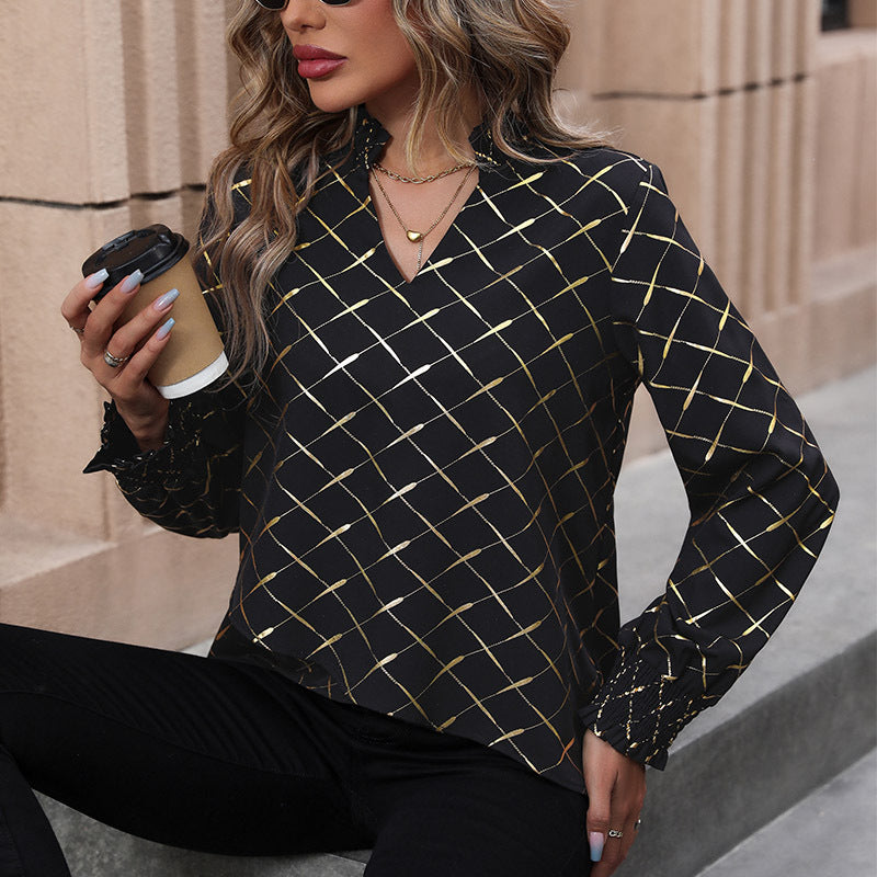 Women's Blouse Shimmering Plaid Pattern Elegant
