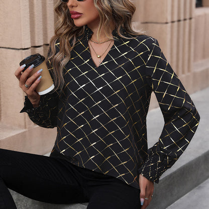 Women's Blouse Shimmering Plaid Pattern Elegant