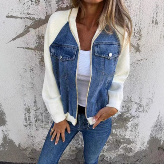 Damen Sweaterjacke Denim Style Fleece Ärmel - IdealeKleiden