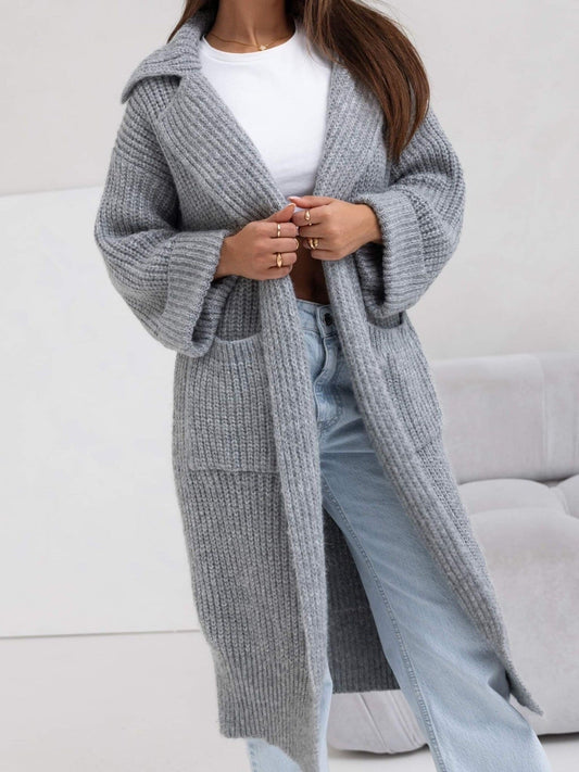 Langer Strickmantel Oversized Wollmix Kapuze - IdealeKleiden
