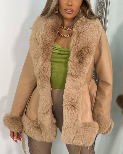 Elegant Leather Jacket Fur Collar Lace-Up Waist