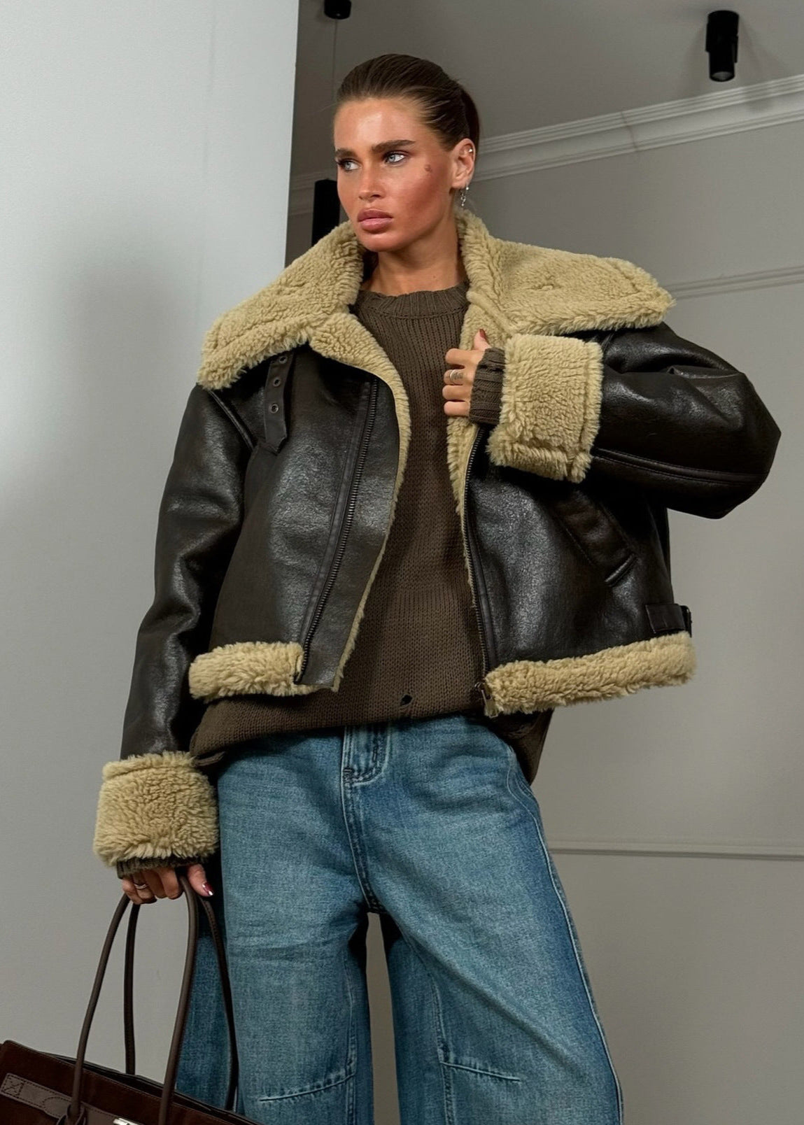 Elegant Leather Pilot Jacket Lined