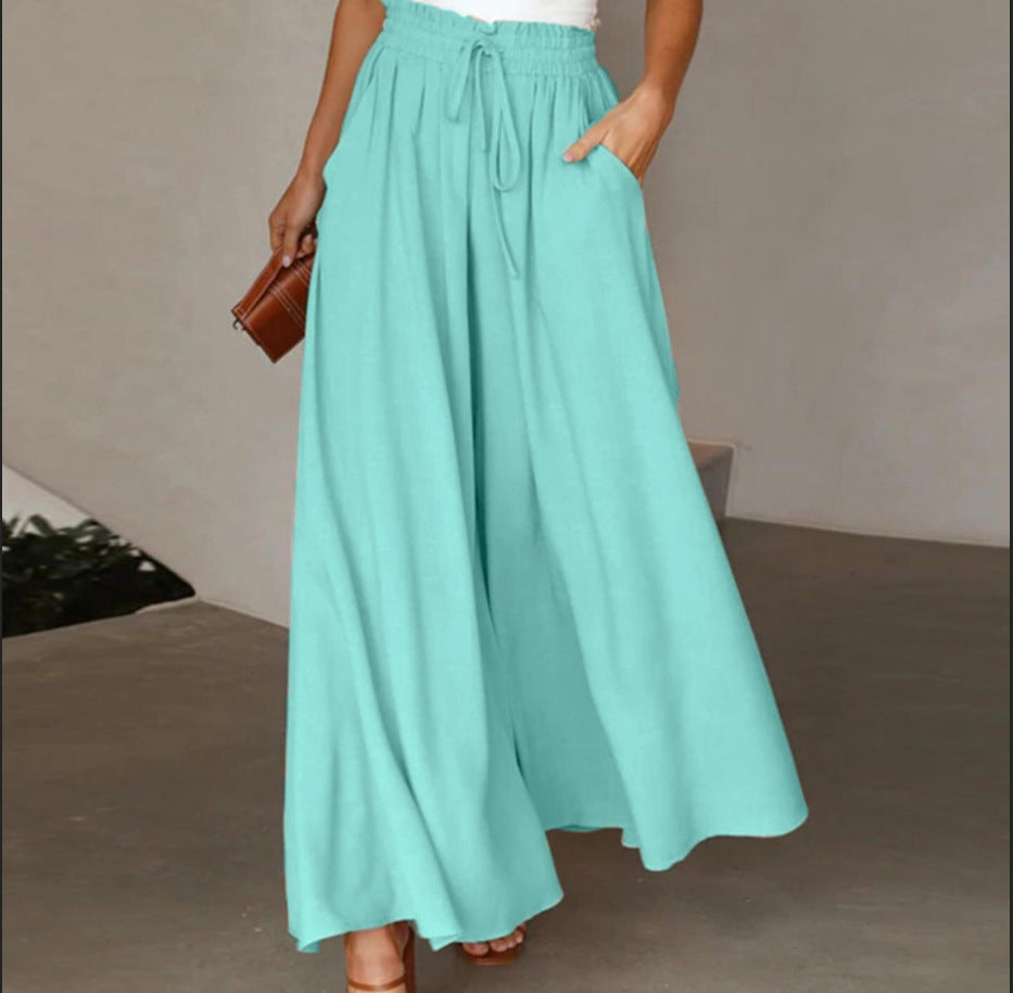 Women's Elegant Wide-Leg Trousers with Elastic Waistband and Pockets