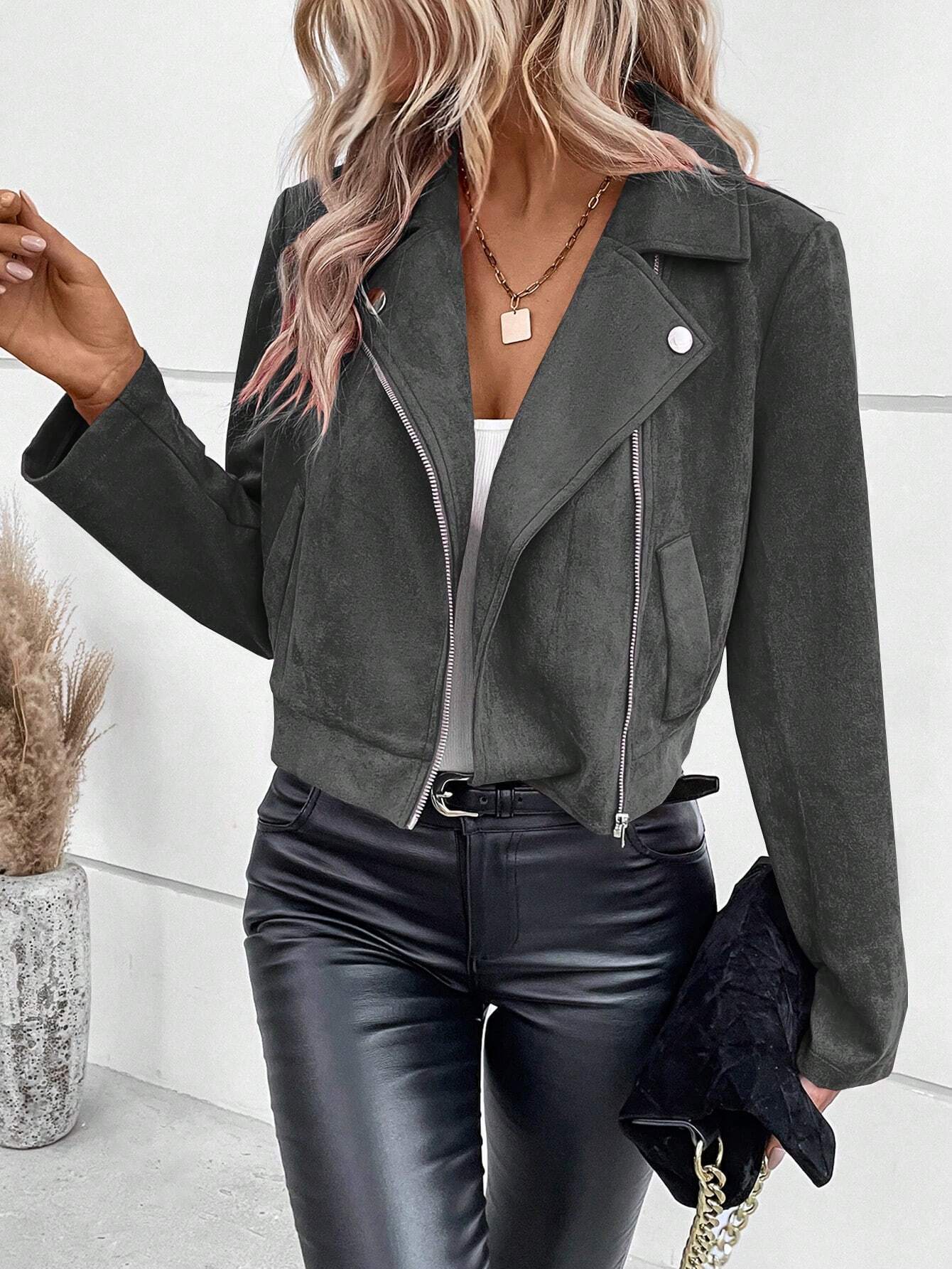 Damen Lederjacke Bikerstil Asymmetrisch Elegant - IdealeKleiden