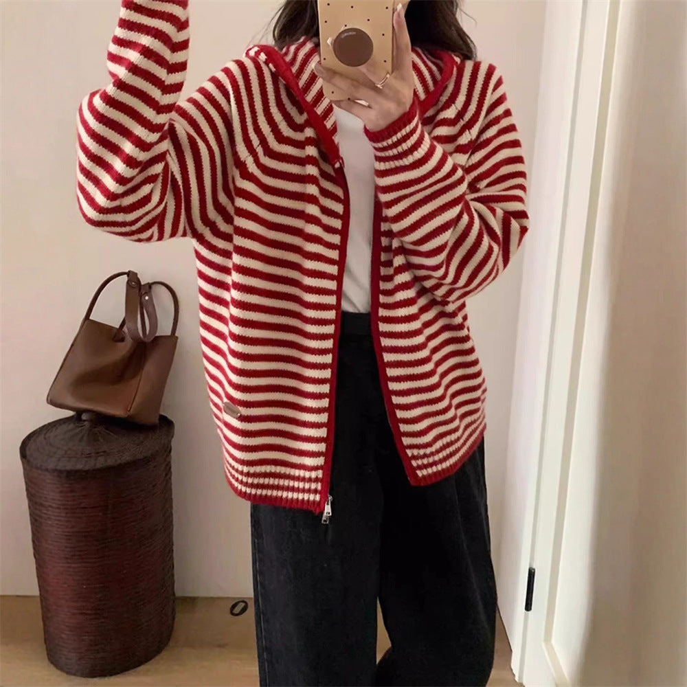 Women's Striped Jacket Hooded Parka With Pockets