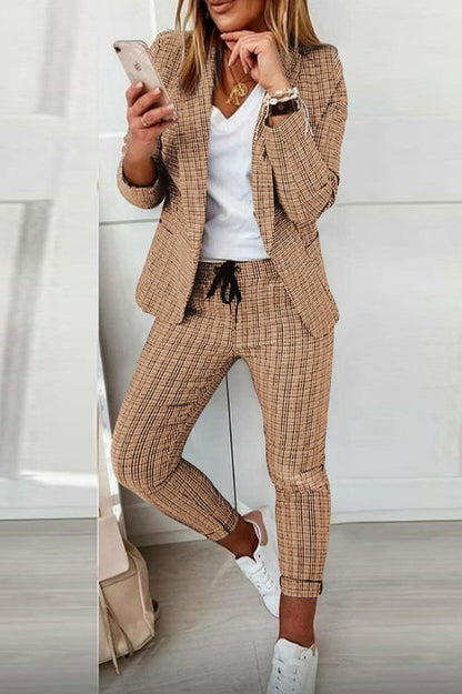 Checked Blazer Coat & Drawstring Trousers Set