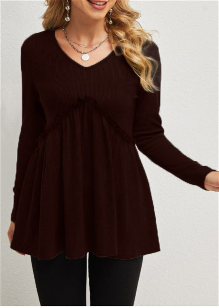 Damen Bluse V-Ausschnitt Rüschen Details Elegante Lange Ärmel