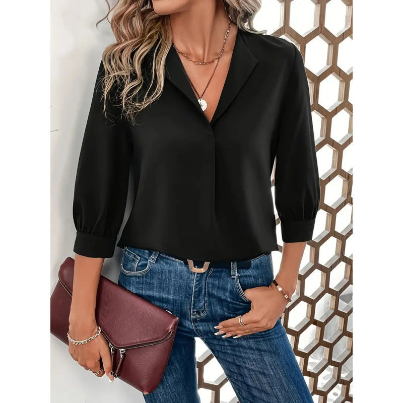 Women's Blouse Elegant Design V-Neck 3/4 Sleeve