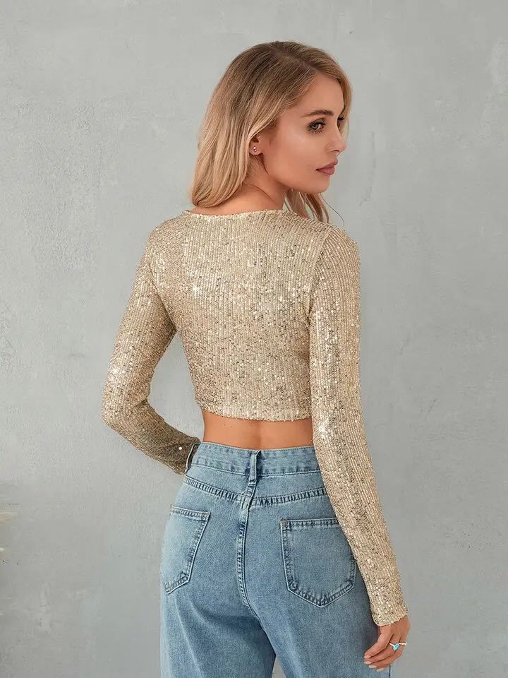 Women's Glitter Long Sleeve Top with Sequins Elegant Evening Dress