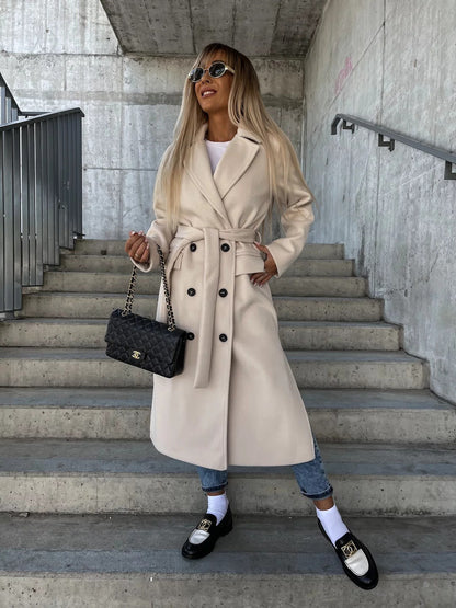 Tailored Wool Coat Elegant Belted Cut Full Length
