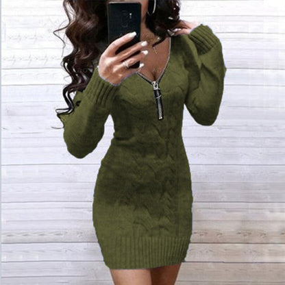 Women's Knitted Dress with Zipper and Cable Knit Pattern