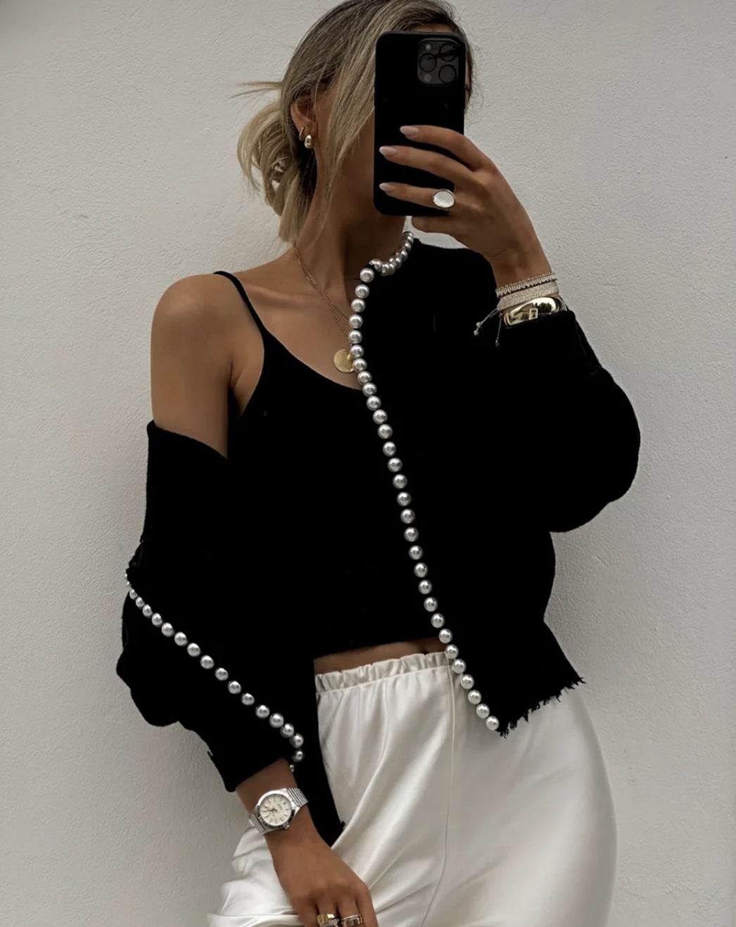Women's Open Cardigan with Pearl Embellishment Elegant Design