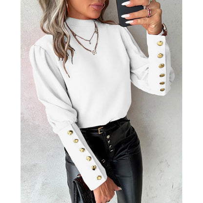 Elegant Women's Blouse Puff Sleeves Gold Details