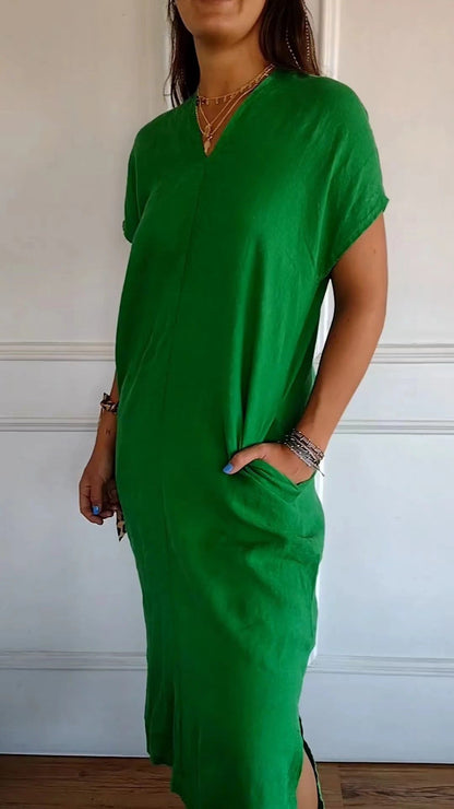 Women's Summer Dress Viscose Linen Elegant V-Neck