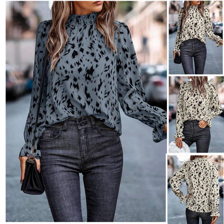 Damen Bluse Elegant Tiermuster Rüschenkragen - IdealeKleiden
