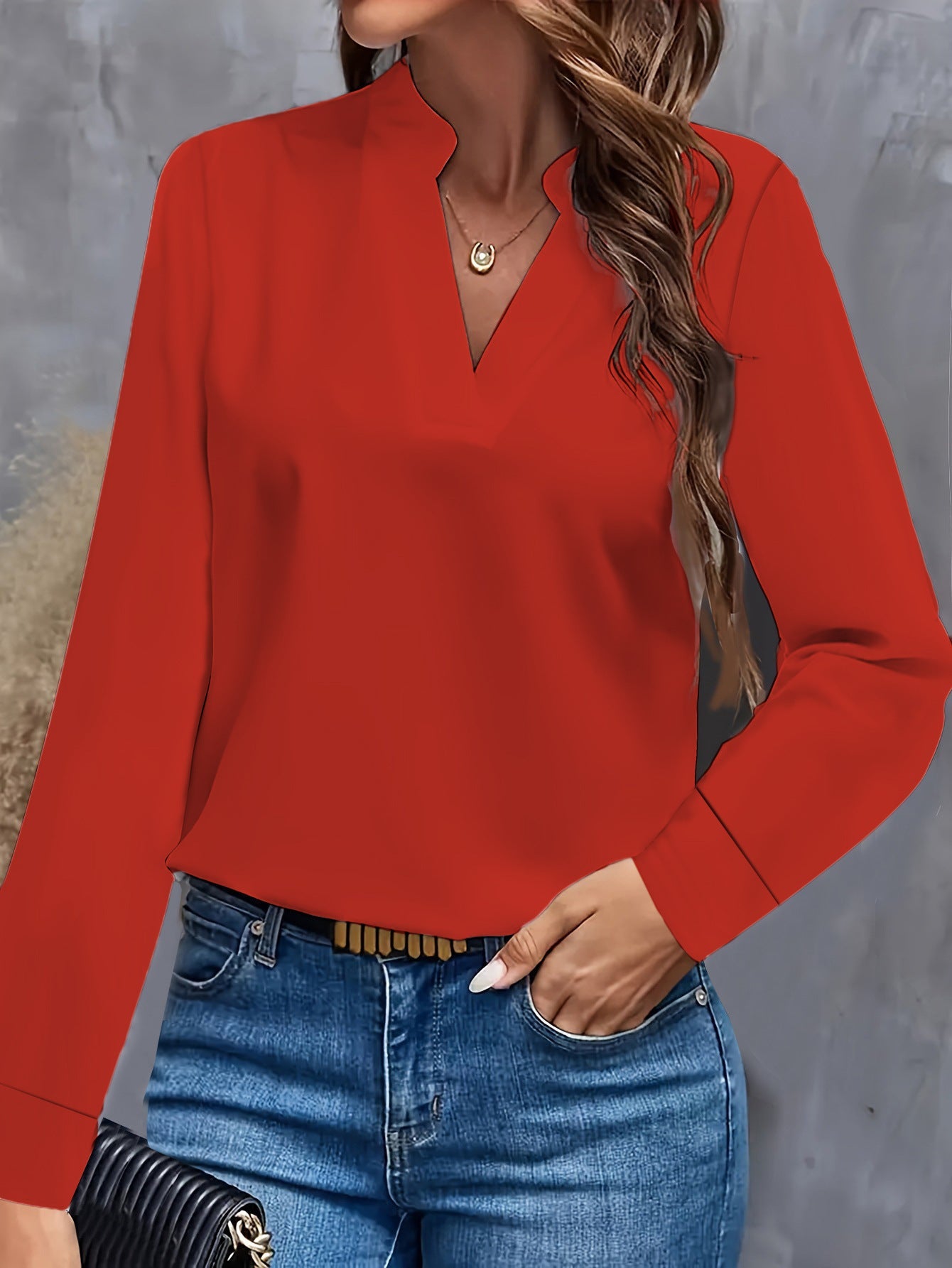 Elegant Women's Blouse Stand-Up Collar Long-Sleeved