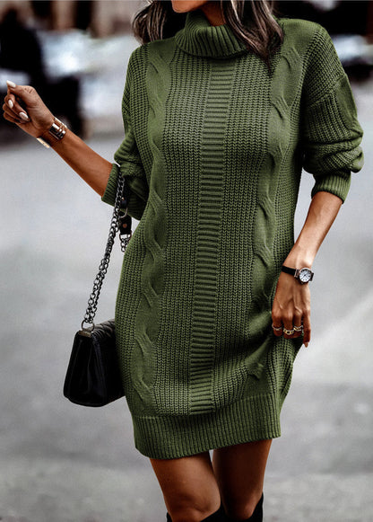 Women's Knitted Dress High Collar Cord Pattern Elegance