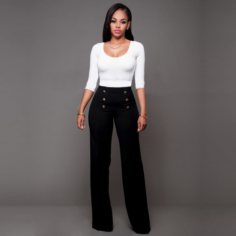 Women's Palazzo Pants High-Waisted Elegant Buttons
