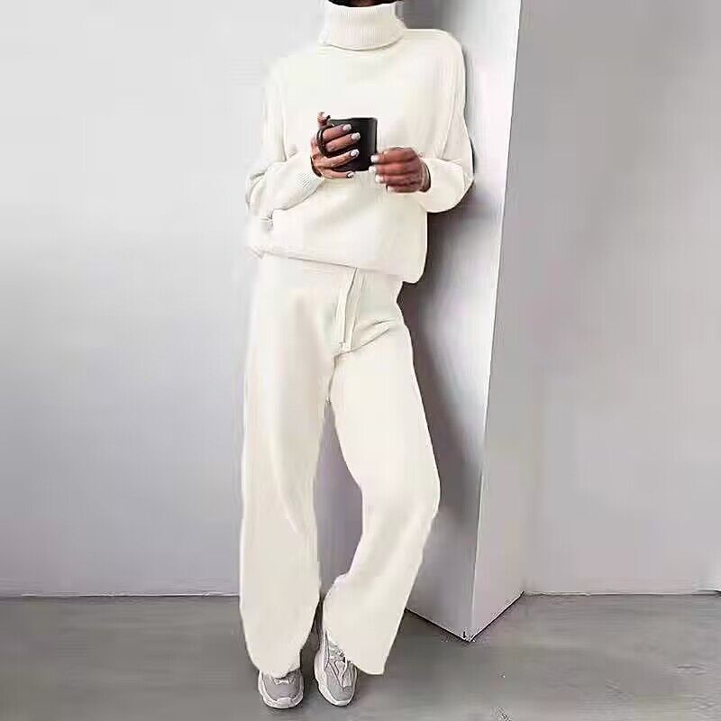 Women's Elegant High-Neck Knitted Wide-Leg Suit