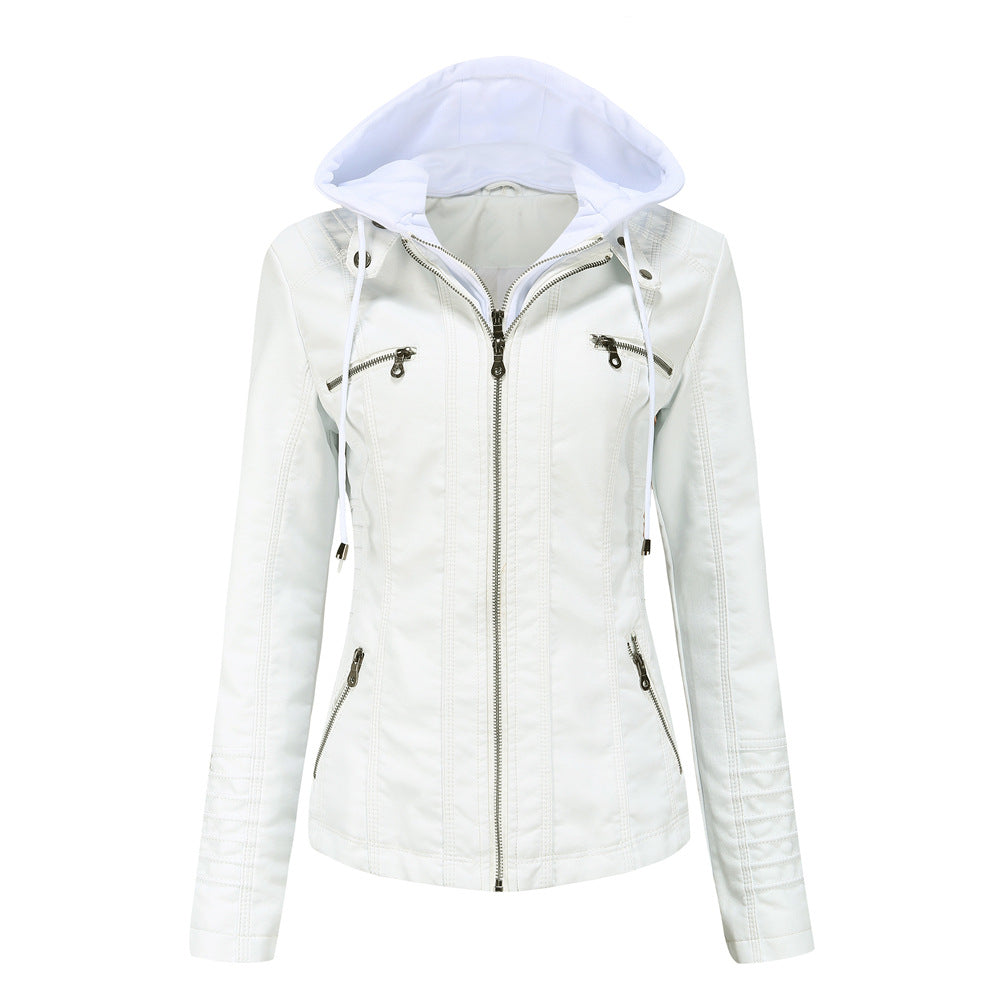 Stylish Leather Jacket Slim Fit Hood Zipper