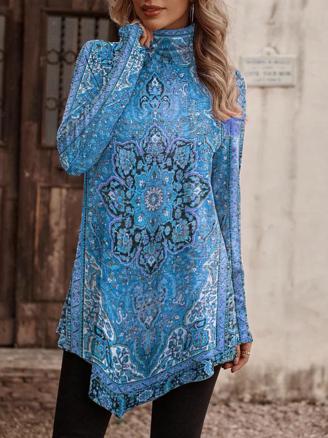 Women's Tunic Floral Pattern High Collar