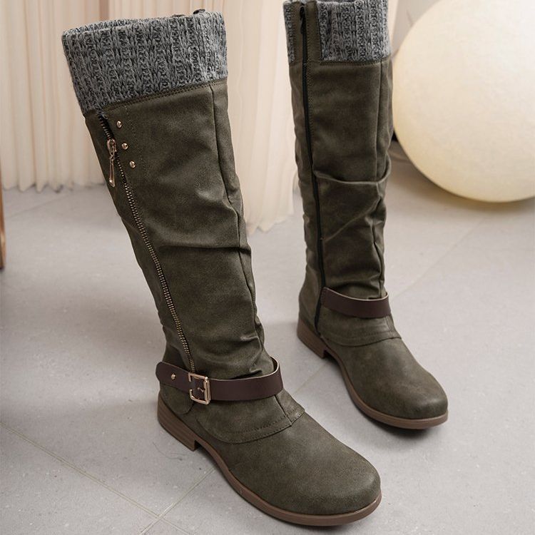 Stylish Leather Boots With Zipper Low Heel