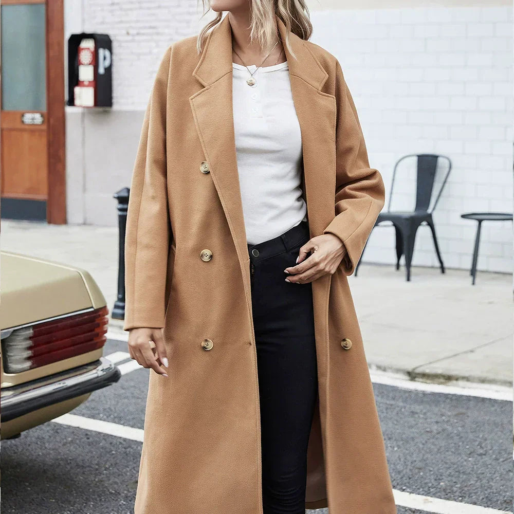 Women's Coat Wool Long Thigh Length Casual Double-breasted