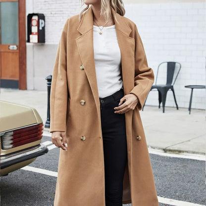 Women's Coat Wool Long Thigh Length Casual Double-breasted