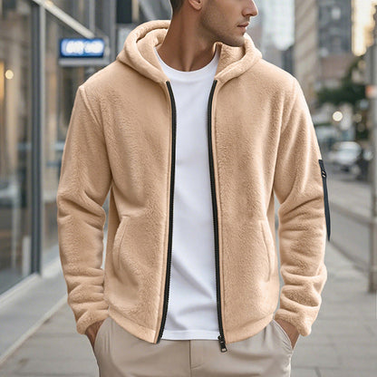 Men's Fleece Jacket Hood Zipper Pockets Outdoor
