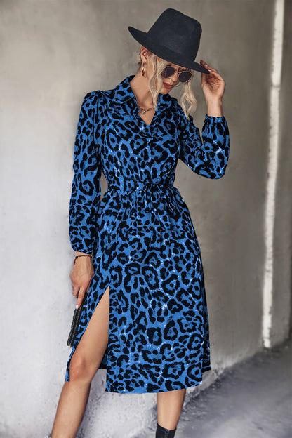 Women's Leopard Midi Dress Elegant Slit Design