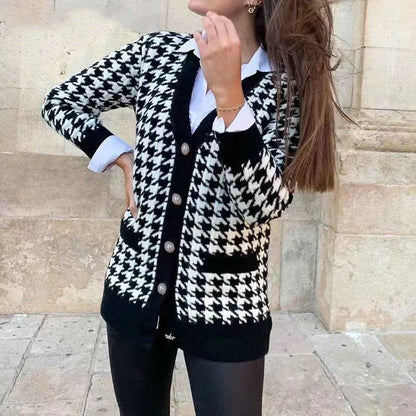 Damen Strickjacke Klassisch Elegantes Hahnentrittmuster