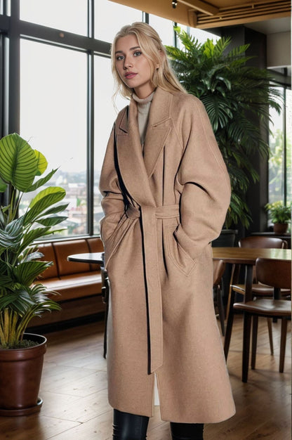 Women's Elegant Wool Coat with Wide Sleeves and Belt