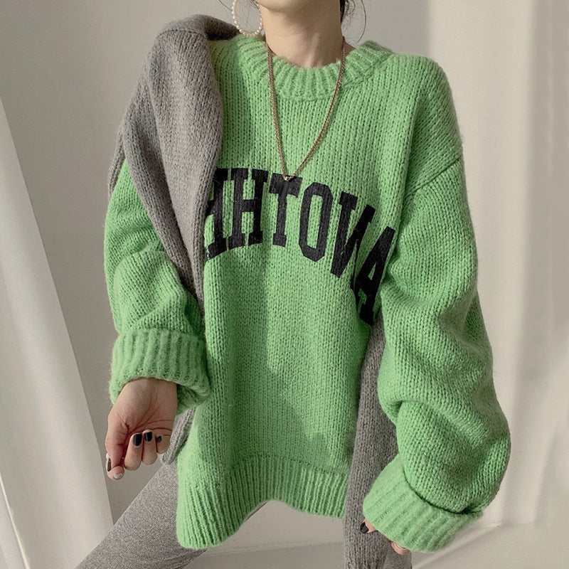Women's Oversized Sweater Large Logo Trendy Knit Pattern