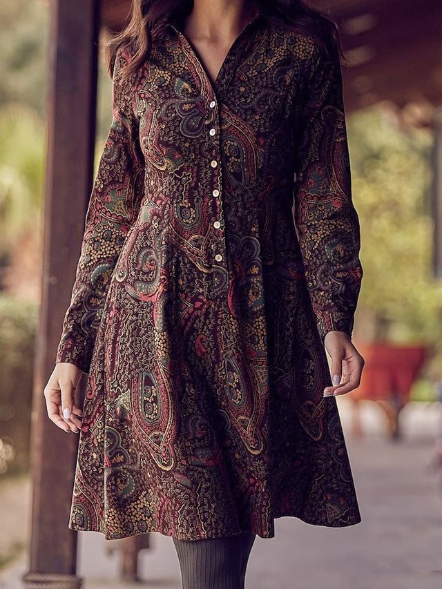 Women's Shirt Dress Paisley Print Elegant Buttons