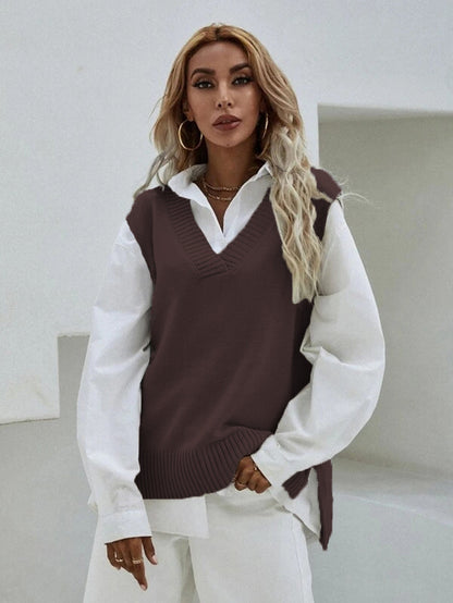 Women's Knitted Vest V-Neck Wide Rib Knit