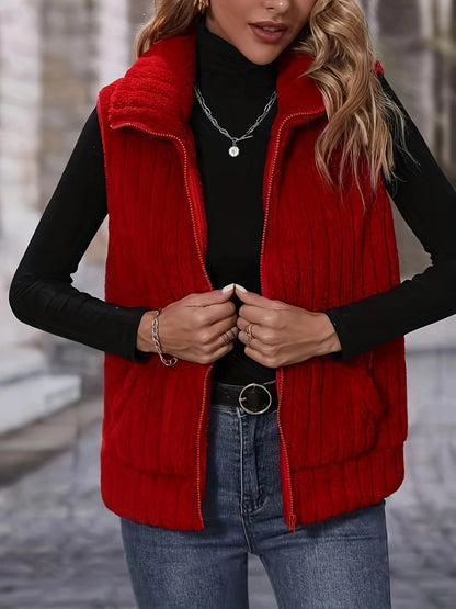 Women's Plaid Fluffy Vest with Pockets
