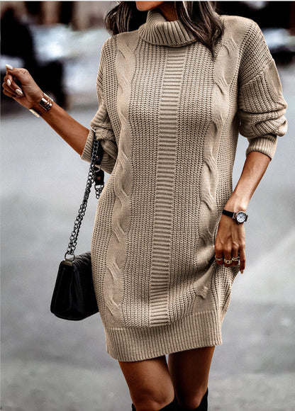 Women's Knitted Dress High Collar Cord Pattern Elegance
