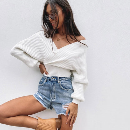 Women's Sweater Casual V-Neck Wide Sleeves