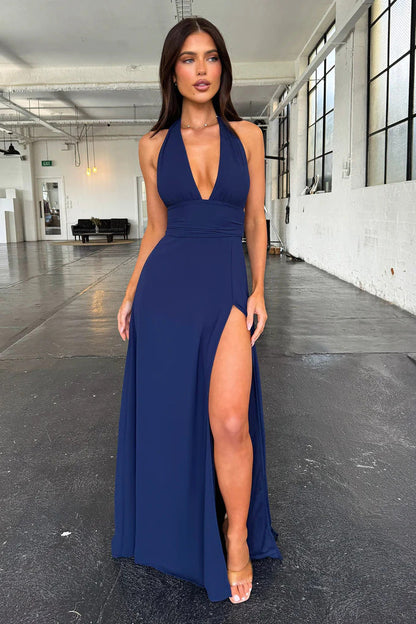 Women's Elegant V-Neck Maxi Dress with High Slit