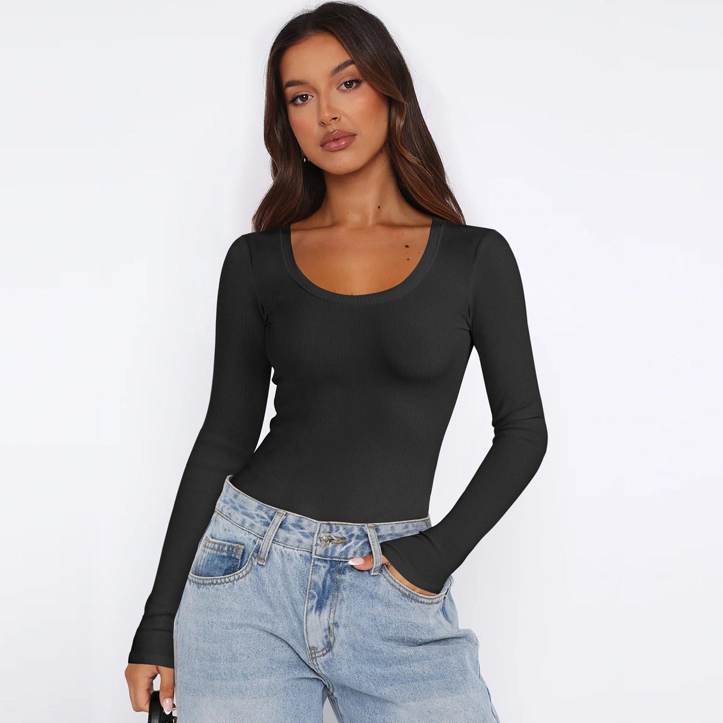 Women's Long-Sleeve Top Fine Ribbed Crew Neck Elegant